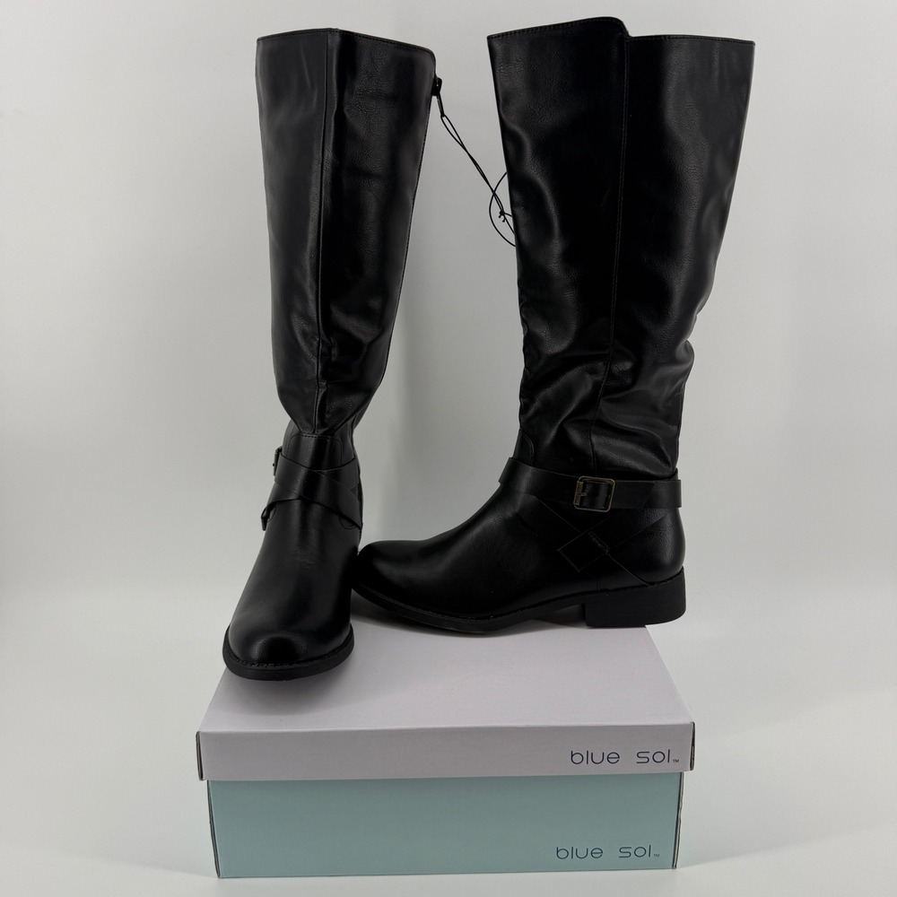 Blue Sol Jamie Black Tall Riding Boots Faux Leather Buckle Strap Womens 7 NIB